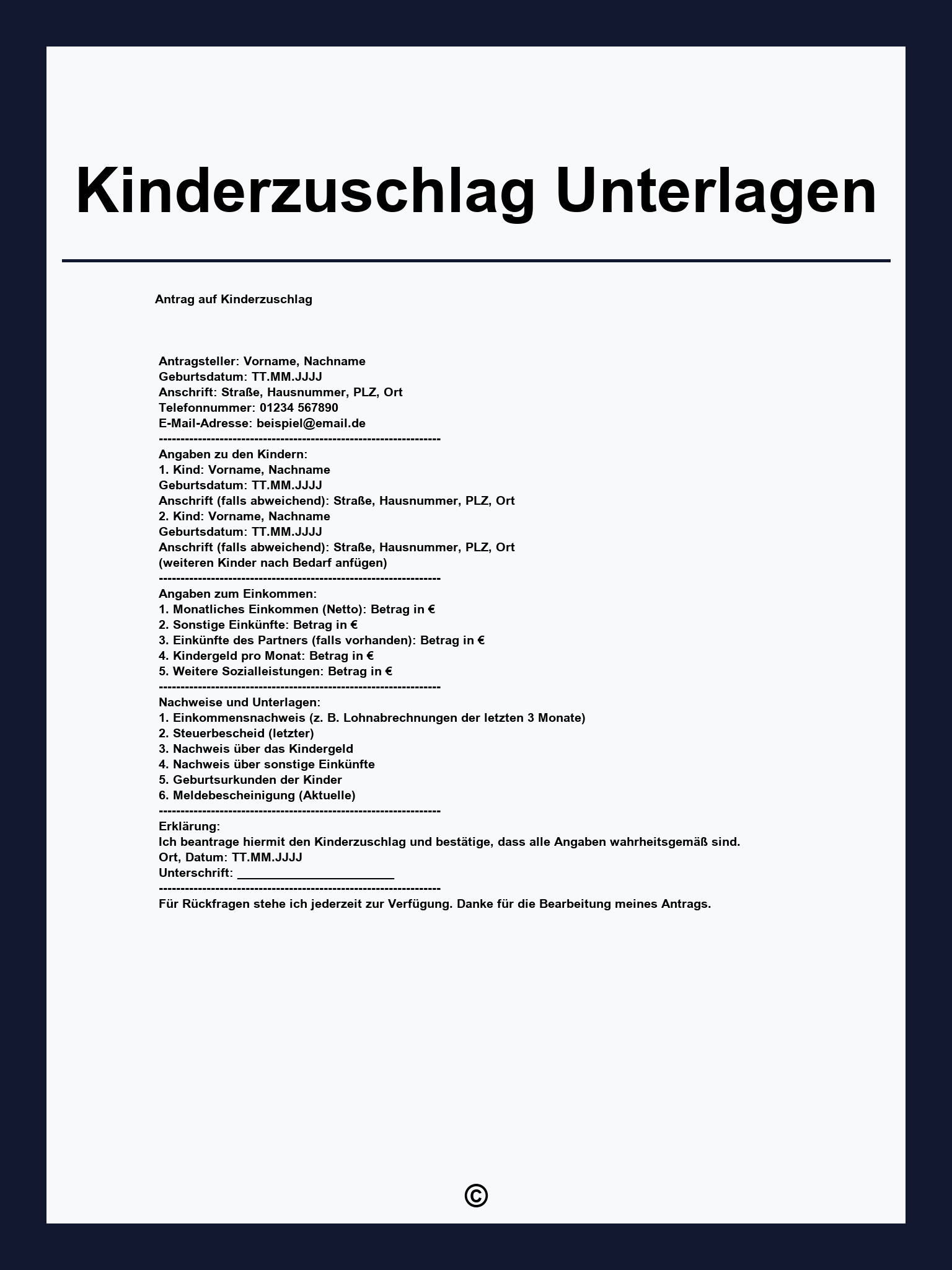 Kinderzuschlag Unterlagen
